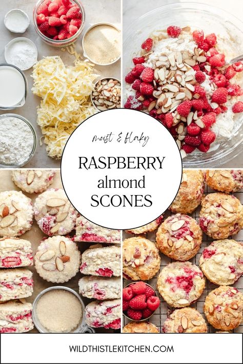 Raspberry Almond Scones are tender, buttery, flaky, moist and packed with juicy berries and crunchy almonds.  #raspberryalmondscones #sconesrecipe Pioneer Woman Raspberry Scones, Sourdough Scones, Raspberry And White Chocolate Muffins, Almond Scones, Berry Scones, Raspberry Scones, Cranberry Scones, Raspberry Almond, Breakfast Bites