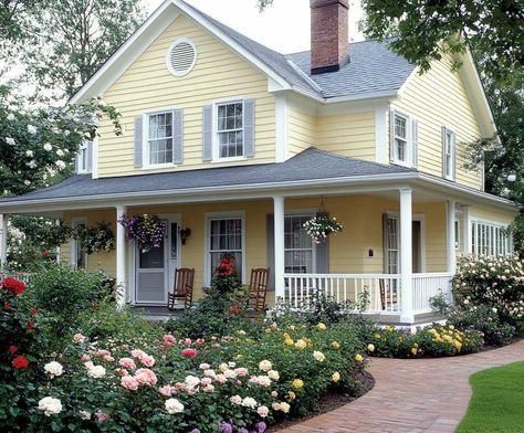 6+ Warm Yellow and Gray House Siding Ideas for a Cheerful Home • 333+ Inspiring Lifestyle Ideas Yellow Vinyl Siding House Color Schemes, Yellow And White House, Yellow House With Porch, Yellow Country House, Soft Yellow Exterior House Colors, Little Yellow House, Gray House Siding, Yellow Houses Exterior, Yellow House Shutter Colors