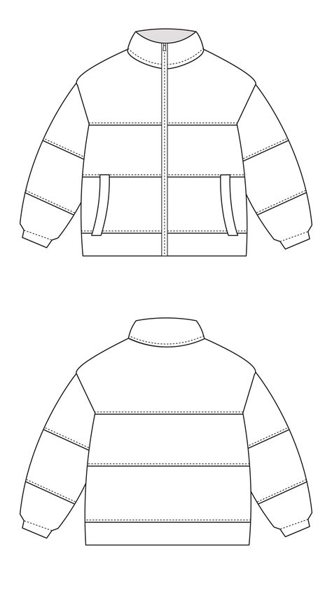 Puffer Jacket Technical Drawing, Puffer Jacket Mockup, Clothing Mockup Templates, Puffer Jacket Sketch, Puffer Jacket Drawing, Clothes Ideas Drawing, Puffer Jacket Pattern, Jacket Template, Streetwear Mockup