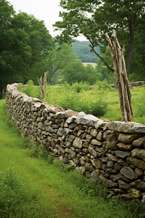 Discover the beauty of a stone wall in a field, highlighting the eco-friendly craftsmanship. This Hudson River School-inspired photo captures the essence of nature. 🌿 Stone Wall With Wood Fence, Rock Walls Landscaping, Landscape Stone Wall, Stone Wall Aesthetic, Welsh Architecture, Rock Wall Fence, Diy Stone Retaining Wall, River Rock Wall, Rock Wall Fencing