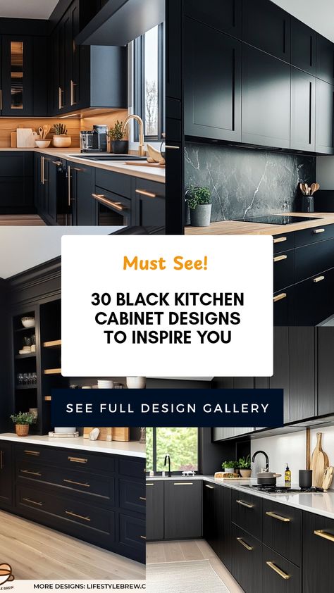 If you're seeking to add a touch of elegance and modern sophistication to your kitchen, explore these 30 creative black kitchen cabinet ideas. From chic matte finishes to high-gloss looks, each design supports your unique style. Learn how bold black cabinets can enhance various color schemes and textures, providing a timeless appeal that's simply stunning. Whether you prefer a minimalist aesthetic or vibrant accents, these kitchen cabinet designs will give your kitchen a fresh look. Discover innovative storage solutions along the way! Black Cabinets In Small Kitchen, Kitchen Design With Black Cabinets, Black Matte Cabinets, Small Kitchen With Black Cabinets, Black Kitchen Cabinet, Cabinets With Glass Doors, Kitchen Cabinet Ideas, Natural Stone Countertops, Cabinet Designs