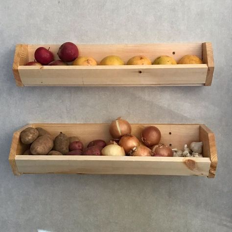 Vegetable Shelves, Fruit And Veggie Storage Ideas, Vegetable Holder For Kitchen, Vegetable Holder, Wall Vegetable Storage, Produce Shelves, Produce Storage Kitchen, Produce Wall Storage, Fruit Shelf