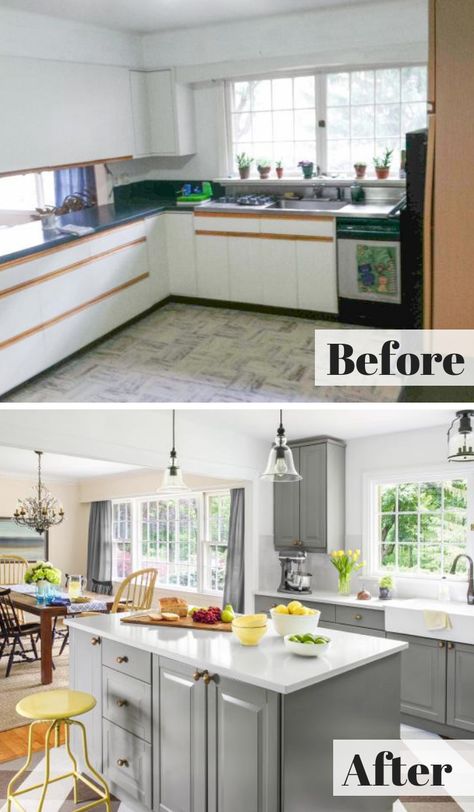 Before: The kitchen had 1980s oak-trimmed laminate cabinets and an awkward peninsula with cabinets suspended above it. After: Cool-gray raised-panel cabinets strike just the right balance between traditional and trendy. An island offers a gathering place that doesn’t cut the kitchen off from the dining room.  #beforeandafter #kitchenremodel #kitchenremodelonabudget #budgetremodel #homeimprovement #kitchenideas #kitchenrenovation #kitchen #kitchenideas 1980s Kitchen Remodel, Small Kitchen Renovations, Fixer Upper Kitchen, Laminate Cabinets, Kitchen Diy Makeover, Diy Kitchen Renovation, Diy Kitchen Remodel, Kitchen Remodel Design, Small Kitchens