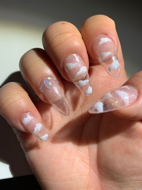 Clear Nail Base Designs, Almond Nails Clouds, Clear Cloud Nails, Square Acrylic Nails Clear, Nail Clear Design, Nail Designs Transparent, Clear Nail Extensions, Nails Transparent Design, Transparent Nails Acrylics