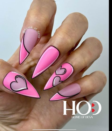 Nail Design February, Fun And Simple Nails, Boujie Nail Designs, Punk Valentines Nails, Pink Breast Awareness Nails Design, Valentines Day Nails Hot Pink, Anti Valentines Nails, Black Valentine’s Day Nails, Pop Art Nails Designs