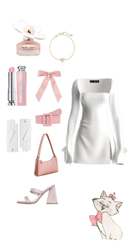 #marie #halloween #costume #inspo #looks #cat #clothes #pink #white Marie Inspired Outfit, Marie Halloween Costume, Diy Marie Aristocats Costume, White Cat Costume Women, Marie Cat Costume, Costumes With White Dress, White Dress Halloween Costume Ideas, White Skirt Halloween Costume, White Cat Halloween Costume