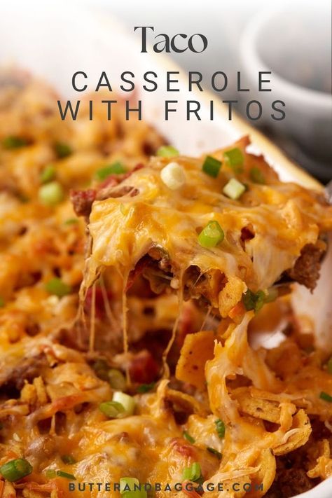 A taco Casserole in a baking dish. Fritos Recipes, Baked Taco Casserole, Taco Casserole With Fritos, Casserole With Fritos, Frito Recipe, Taco Casserole Bake, Easy Taco Casserole, Pan Fried Pork Chops, Taco Ingredients