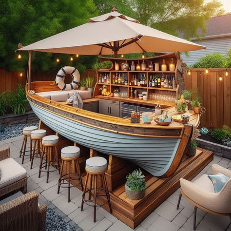 Boat Bar Design, Outdoor Speakeasy, Boat Bar Ideas, Outdoor Patio Bar Ideas, Outdoor Beach Bar, Beach Bar Design Ideas, Outdoor Pool Bar, Outdoor Bar Design, Unique Bar Ideas