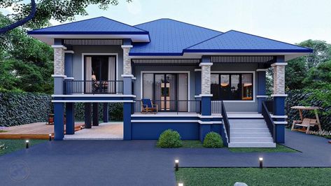 Blue Roof House Colors, Assam Type House, House Front Design Indian, House Colors Exterior Paint, Blue Roof House, Elevated House, House Colors Exterior, Building Design Plan, Gallery House