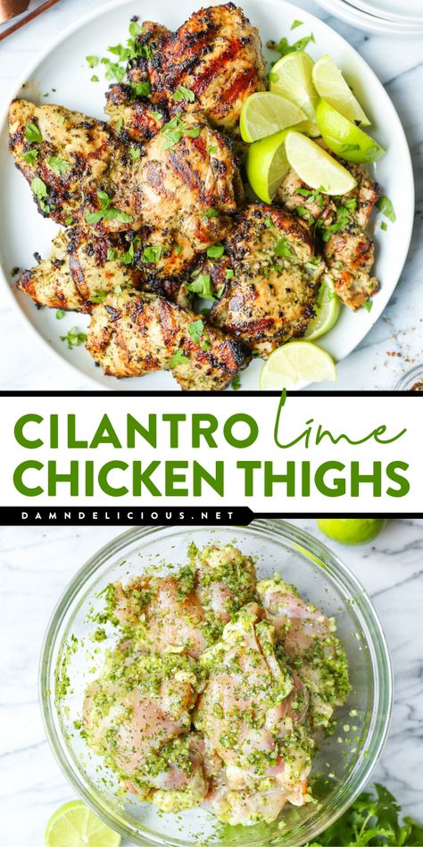 Get ready for this spring food idea! It features the best cilantro lime chicken marinade. Not only are these grilled chicken thighs tender and juicy, but they are also deliciously zesty! Save this springtime dinner recipe! Cilantro Lime Chicken Thighs, Lime Chicken Thighs, Cilantro Lime Marinade, Lime Marinade, Grilled Chicken Thighs, Spring Dinner, Cilantro Lime Chicken, Summer Grilling Recipes, Summer Recipes Dinner