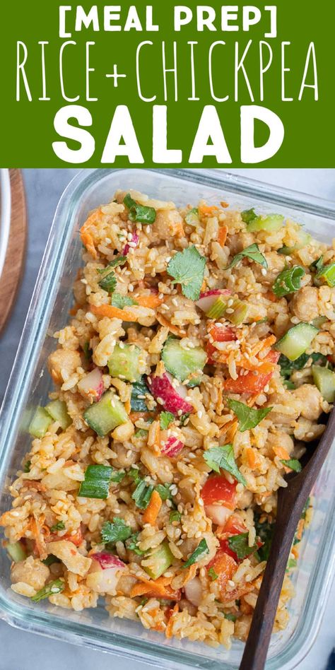 This Rice and Chickpea Salad with Peanut Sauce is packed with tons of veggies and protein!  It can be enjoyed warm or cold and is perfect for meal prep lunches that will fill you up with plant based protein.  The homemade peanut sauce is super easy and adds so much flavor to this delicious vegan rice salad.  #mealprep #healthylunches #ricesalad #glutenfree #vegan Rice And Chickpea Salad, Chick Pea Salad Recipes With Chicken, Vegan Chickpea And Rice Recipes, Chickpea Rice Pilaf, Chickpea Chicken Salad Vegan, Homemade Peanut Sauce, Vegetarian Meal Plan, Chickpea Salad Recipes, Rice Salad