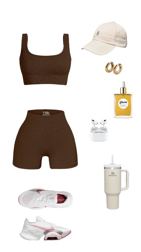 Step Up Your Workout Game with this Sleek Brown Workout Set! 🏋️‍♀️☕ Unleash your inner strength and style in this versatile brown ensemble. Perfect for any fitness routine, it combines fashion and functionality to help you look and feel your best during your workouts. #outfitinspo #sports #aesthetic #brownaesthetic #athleisure #beauty #workoutset #fitisnpo #inspo #clothes #workoutset Brown Workout Set, Workout Clothes Aesthetic, Workout Sets Outfit, Activewear Inspiration, Sporty Set, Gymwear Outfits, Academia Clothes, Cute Nike Outfits, Fitness Wear Outfits