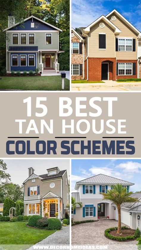 Tan House Color Schemes. Are you considering tan or beige exterior paint for your house? These tan house color schemes with showing you the best paint color combinations to make your house more beautiful. #decorhomeideas Tan Sided House Color Schemes, Beige House Trim Colors Exterior, Beige And Tan House Exterior, Tan House With Brown Trim, Tan House Exterior Ideas, Warm Exterior House Color Schemes, Exterior Paints For House, Clay Siding House Color Schemes, Painting Ideas Outside House Colors