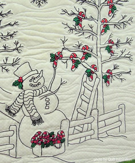 Snow Fun by Margie Brakefield.  Machine embroidery quilt pattern by Claudia Dinnell. Snowman Embroidery Patterns, Redwork Quilts, Snowman Quilts, Redwork Quilt, Redwork Embroidery Patterns, 24 Days Of Christmas, Transfer Art, Snowman Embroidery, Redwork Patterns