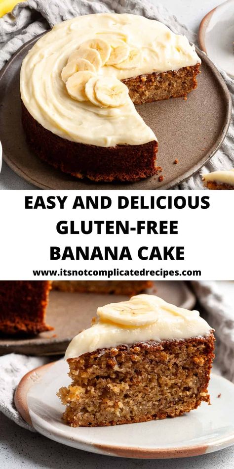 This delicious, moist Gluten-Free Banana Cake is the perfect way to use those over-ripe bananas. Whilst the cake itself is sufficiently delicious to serve with just a dusting of powdered sugar, I have enriched and embellished it with a luscious cream cheese frosting. This traditional cake is certain to become a family favourite. Gluten Free Nut Free Cake Recipes, Gluten Free Banana Cake With Cream Cheese Frosting, Gluten Free Recipes With Ripe Bananas, Gf Banana Cake Recipe, Gluten Free Dairy Free Banana Cake, Over Ripe Banana Recipes Gluten Free, Gluten Free Banana Bundt Cake, Vegan Gluten Free Banana Cake, Gluten Free Banana Desserts