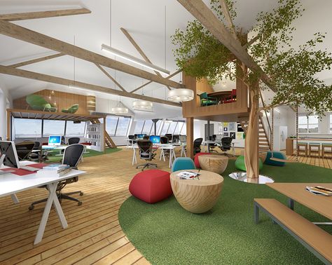 A treehouse in the office? Yes, please! Workplace design is becoming more bold and unique, with office spaces becoming more interesting, functional and occasionally bizarre. Here are some of our favourite workspaces from around the world. Creative Workspace Design, Workspaces Design, Plant Office Design, Open Concept Office, Creative Office Design, Contemporary Office Design, Tree Interior, Creative Office Space, Cool Office Space