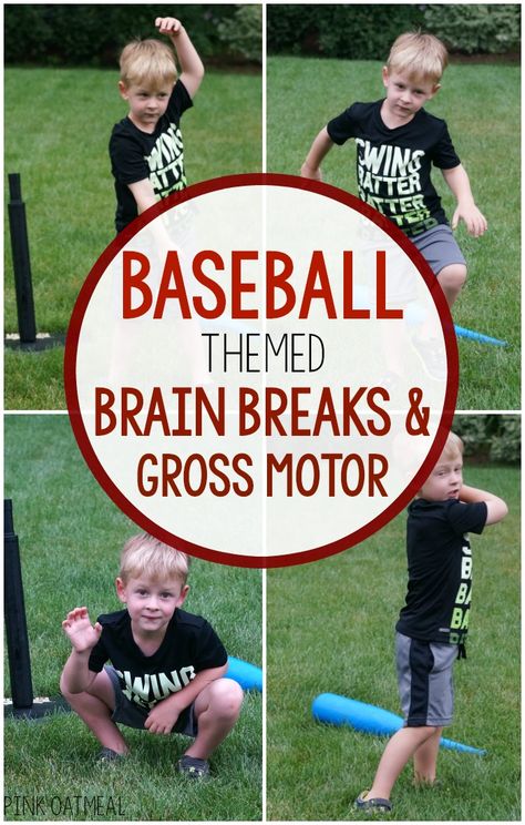 Baseball themed activities!  This one is the best for baseball themed games, gross motor, or a brain break.  Use these baseball themed brain breaks in the classroom, for preschool gross motor, PT, OT, SLP or at home.  The kids LOVE the baseball theme.  Such great ideas for World Series gross motor and World Series games too! Sports Theme Science Activities, Preschool Baseball Activities, Baseball Activities, Pediatric Physical Therapy Activities, Baseball Camp, Outdoor Learning Activities, Fine Motor Activities For Kids, Sports Camp, Gross Motor Activities