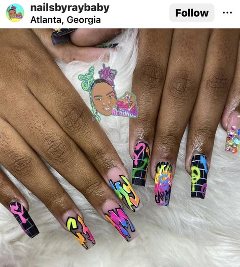 Cartoon Nail Designs, Graffiti Nails, Accepting New Clients, Funky Nail Art, Dope Nail Designs, Acrylic Nails Coffin Pink, Acrylic Nails Coffin Short, New Clients, Acrylic Nails Coffin