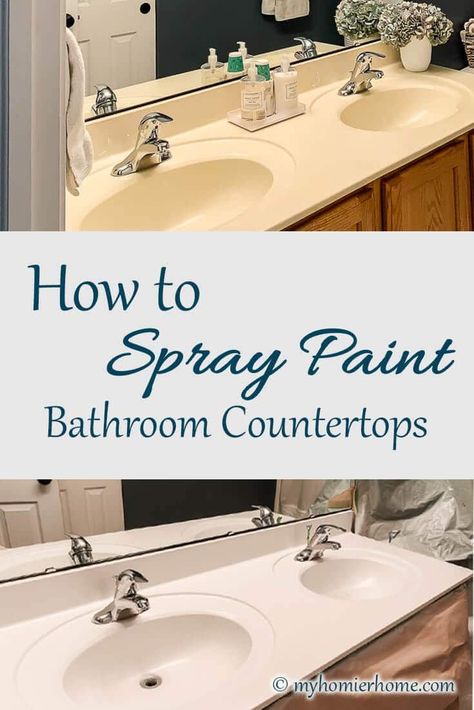 spray painting bathroom countertops is my new favorite way for a cheap and easy way to update a dingy counter. Spray Painted Countertops Diy, How To Paint A Bathroom Countertop, How To Redo Bathroom Countertops, Remodel Bathroom Countertops, Painting Bathroom Countertops And Sink, Spray Painted Countertops, Bathroom Remodel Countertops, Bathroom Counter Update, Garden Tub Backsplash Ideas