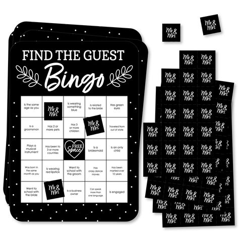 "Mr. and Mrs. - Find the Guest Bingo Cards and Markers - Black and White Wedding or Bridal Shower Bingo Game - Set of 18 *Set Includes - 18 Rectangle-Shaped Game Cards, 18 Perforated Marker Sheets, 1 Perforated Call Sheet, and Game Instructions *Please Note: purchasing multiple bingo games will guarantee multiple winners, there are only 18 unique cards per game package *Rectangle Shaped Bingo Cards Measure 5\" Wide x 7\" Tall *Perforated Marker Sheet Measures 2.75\" Wide x 5\" Tall - Individual Find The Guest Bingo, Wedding Bingo, Guest Bingo, Find The Guest, Bridal Shower Bingo, White Bridal Shower, Wedding Activities, Wedding Fun, Black And White Wedding