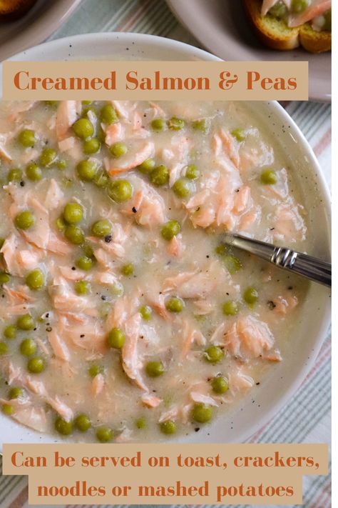 Salmon and peas is a great way to make salmon a more affordable family dinner. It's great on toast, crackers, noodles or mashed potatoes. Salmon Pea Wiggle Easy Recipes, Creamed Salmon And Peas, Salmon Pea Wiggle, Creamed Salmon On Toast, Creamed Salmon, Salmon And Noodles, Salmon On Toast, Salmon And Peas, Peas On Toast