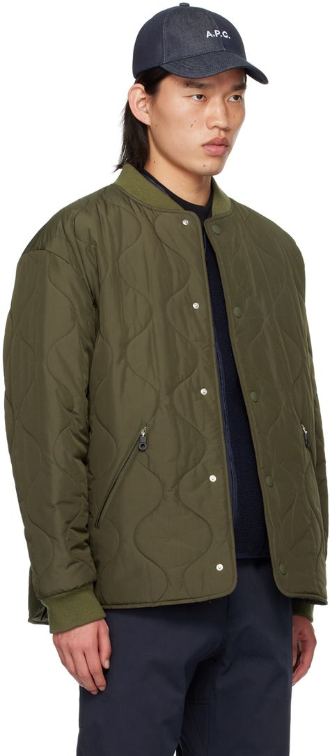 Find A.P.C. Khaki Florent Bomber Jacket on Editorialist. Padded and quilted polyester satin bomber jacket. · Rib knit stand collar and cuffs · Press-stud closure · Zip pockets · Logo flag at side seam · Vented side seams · Full satin lining Supplier color: Military kaki Mens Quilted Jacket, Quilted Jacket Men, Fall Outerwear, Black Khakis, Polyester Satin, Mens Fall, Jacket Design, Mens Outerwear, Quilted Jacket