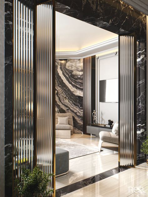 Neoclassical Partition Design, Luxury Villa Design Interiors, Doors Interior Modern Luxury, Neoclassical Interior Design Luxury, Behance Villa, Luxury Door Design, Luxury Villa Interior, Modern Neoclassical Interior, Interior Design Villa