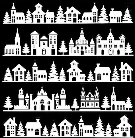 Winter Window Silhouette, Winter Village Silhouette, Christmas House Silhouette, Christmas Village Stencil, Christmas Window Silhouettes Diy, Christmas Village Template, Christmas Village Silhouette, Christmas Crib Ideas, Christmas Coffee Table Decor