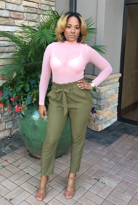 Pink sheer bodysuit and high waist army green pants. Army Green Pants, Black And White Outfit, Sheer Bodysuit, Pink Sheer, Belted Pants, White Outfit, Outfits To Wear, Green Pants, White Outfits