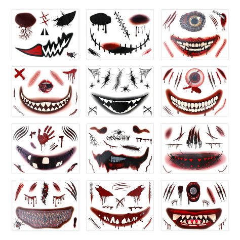 Amaxiu Halloween Prank Makeup Temporary Tattoo, 12Sheets Halloween Mouth Tattoo Stickers Scar Temporary Tattoos Clown Horror Mouth Fake Tattoo Sticker Scary Scar Big Mouth Face Tattoos Decals Scar Face Tattoo Design, Halloween Makeup Scar Easy, Creepy Mouth Makeup, Scary Mouth Halloween Makeup, Temporary Face Tattoo Halloween, Mouth Tattoo, Halloween Pranks, Clown Horror, Big Mouth