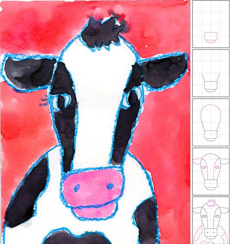 Art Projects for Kids: Watercolor Cow Face Trin For Trin Tegning, First Grade Art, 2nd Grade Art, Art Projects For Kids, Creation Art, Cow Face, Art Lessons For Kids, Farm Art, Elementary Art Projects