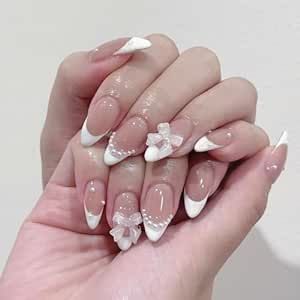 White French Tip Press on Nails Almond Medium Full Cover Nude Fake Nails with Charms Bow Acrylic Nails Stick on Nails Reusable Pearl Shine False Nails for Women Nail Designs Supplies 24 Pcs Amy Core, White French Tips, Press On Nails Almond, French Tip Press On Nails, White French Tip, Pointed Nails, Video Tiktok, Almond Shape Nails, Dope Nail Designs