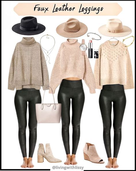 Fall Outfit With Fedora Hat, Cute Faux Leather Legging Outfits, H&m Turtleneck Sweater, Taupe Hat Outfit, Outfits With Hats For Women Fall, Fedora Women Outfit, Taupe Bodysuit Outfit, Necklace With Turtleneck Sweaters, Beige Leather Leggings Outfit