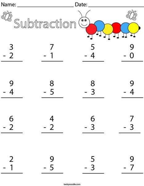 1 Digit Subtraction Math Worksheet - Twisty Noodle Single Digit Subtraction Worksheets Free, Subtraction Worksheets Grade 1, Grade 1 Subtraction, Easy Subtraction, Single Digit Subtraction, Happiness Template, Math Subtraction Worksheets, Ornament Coloring, Word Family Worksheets