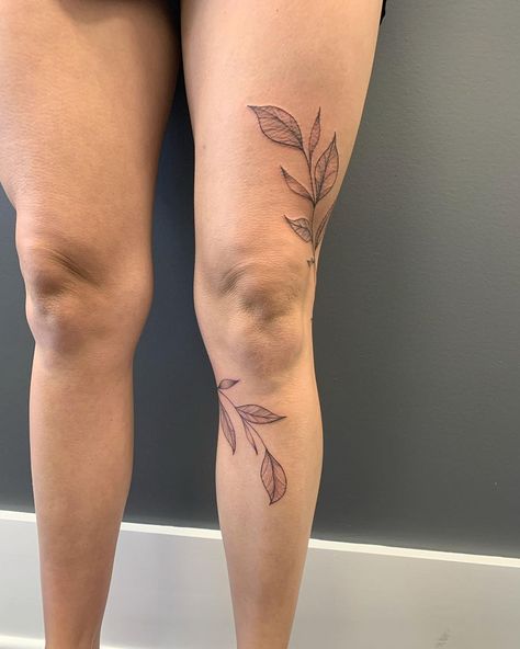 Loved doing this wrap around the leg for Cassidy! All drawn on | Instagram Plant Wrap Around Leg Tattoo, Women’s Leg Tattoos Simple, Flowers Calf Tattoo, Thigh Tattoos That Wrap Around, Delicate Knee Tattoo, Floral Knee Wrap Tattoo, Words On Leg Tattoo, Leaves Leg Tattoo, Floral Leg Wrap Tattoo