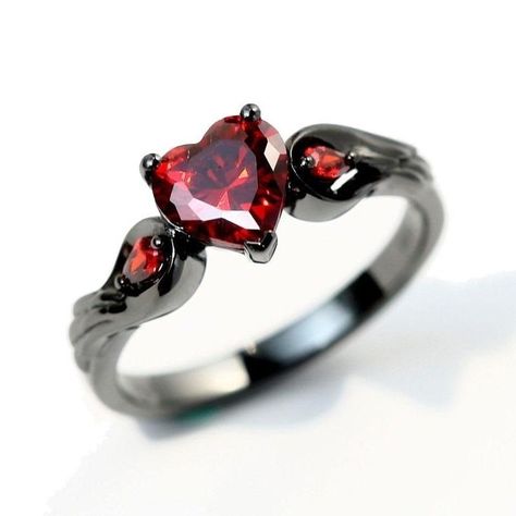 Goth Wedding Ring, Grunge Wedding, Vampire Ring, Goth Ring, Dark Rings, Gothic Engagement Ring, Garnet Heart, Goth Wedding, Red Jewelry