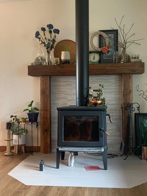 Stove Wood Shelf, Pellet Stove Wall Ideas, Brick Wall Wood Stove, Freestanding Wood Burning Stove, Mantel Behind Wood Stove, Wood Burner Stove Ideas, Wood Stove With Mantle Behind, Wood Stove And Tv Placement, Walls Behind Wood Stoves Ideas