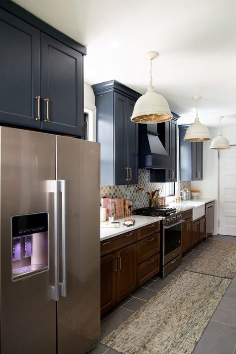 I thought I would go with all navy blue cabinets, but I realized that with the slate-tile we were using, I needed to add some warmth to this space. So I went with a two-tone look: warm wood lowers and dark blue uppers…and I absolutely love the outcome! Bronze Appliances, Mom Bathroom, Neoclassical Home, Old Home Renovation, Kitchen 2022, Dreamy Kitchens, Two Tone Kitchen Cabinets, Cheap Farmhouse, Dark Wood Kitchens