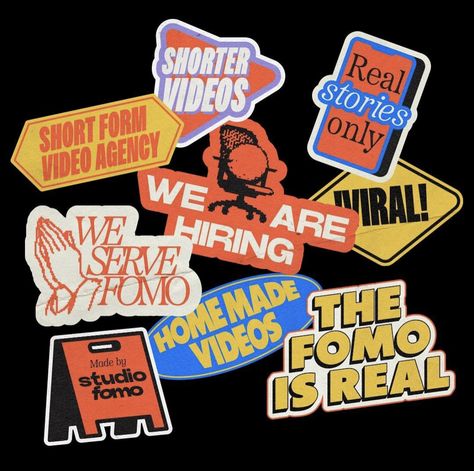 Graphic Design Merchandise, Creative Sticker Design, Retro Sticker Design, Typography Sticker Design, Shocks Design, Stickers Graphic Design, Branded Stickers, Sticker Typography, Gfx Design