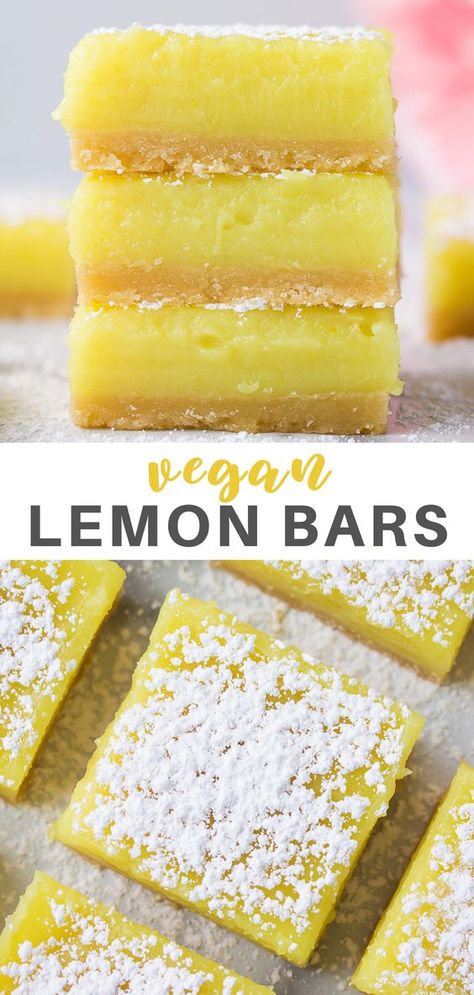 Vegan Lemon Bars with the most delicious shortbread crust and easy lemon curd filling! #vegan #plantbased Baklava Recept, Healthy Vegan Dessert, Vegan Lemon Bars, Gluten Free Lemon Bars, Vegan Lemon Cake, Easy Lemon Curd, Cheesecake Vegan, Curd Filling, Lemon Bar