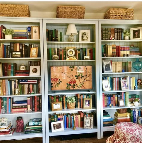 Tv On Bookshelf, Tv In Bookshelf, Colourful Bookcase, Beautiful Bookshelves, Bookshelves Display, Bookcase Makeover, Easter Week, Built In Shelves Living Room, Hidden Tv