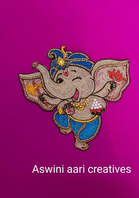 Ganesha Aari Work, Vinayagar Aari Work, Aari Work Ganpati Design, Ganpati Bappa Aari Work, Ganpati Embroidery Work, Ganesha Embroidery Design, Ganpati Bappa Fabric Painting, Elephant Embroidery Design Blouse, Elephant Aari Work Blouse