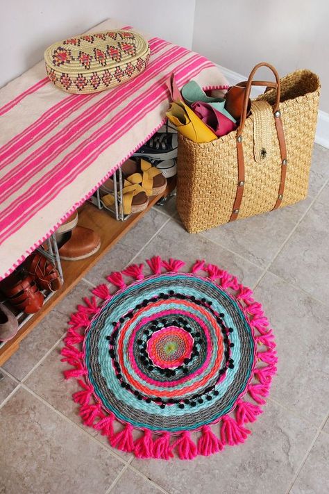 I am on a mission to see how many different home decor items I can weave! Just kidding but not really. Weaving is such an ancient skill and it makes me feel connected to generations of women (and men) Rag Rugs, Circle Rug, Weekend Projects, Diy Rug, Beautiful Mess, Main Game, Rag Rug, Forex Trading, On The Floor