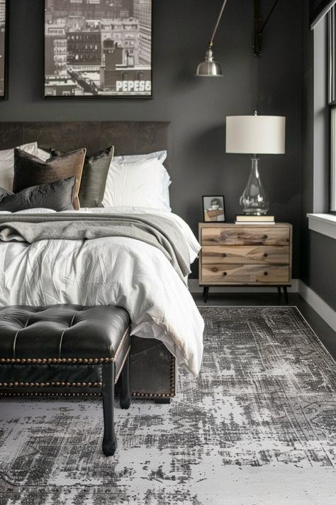 Modern Farmhouse Bedroom Dark Furniture, Charcoal Feature Wall Bedroom, Charcoal Bedding Styling, Moody Grey Bedroom, Charcoal Carpet Bedroom, Grey And Brown Bedroom Ideas, Dark Gray Bedroom Walls, Charcoal Bedroom Ideas, Charcoal Grey Bedroom Ideas