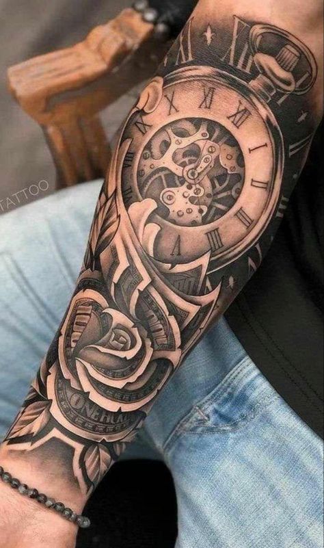 Tattoo Trends 2023, Time Is Money Tattoo, Forearm Tattoos For Guys, Tato Geisha, Ink Magic, Pocket Watch Tattoos, Half Sleeve Tattoos Forearm, Lion Tattoo Sleeves, Money Tattoo