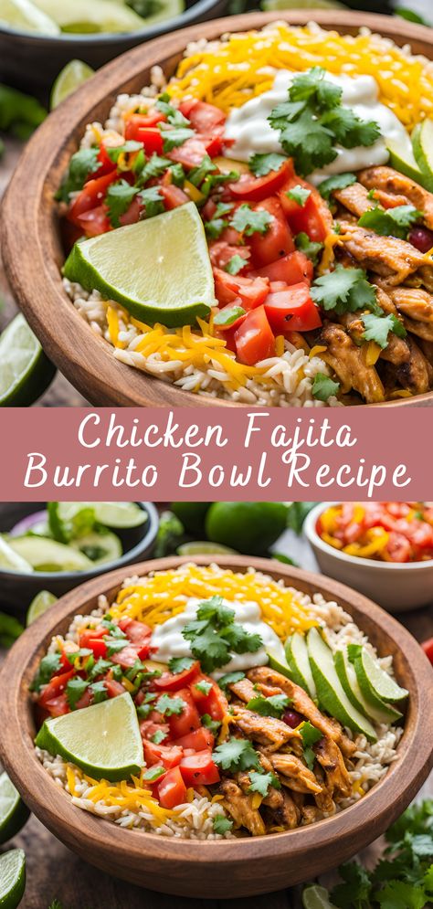 Chicken Fajita Burrito Bowl Recipe | Cheff Recipes Healthy Burrito Bowl Recipes, Chicken Fajita Bowls Healthy, Chicken Fajita Bowl Recipe, Fajita Bowls Healthy, Healthy Fajita Bowl, Fajita Bowl Meal Prep, Burittos Bowl Recipes, Fiesta Bowl Recipe, Fajita Recipe Chicken