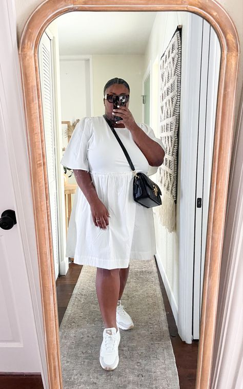 White Dress And Sneakers Outfit, Sneaker And Dress Outfit Plus Size, Black Midi Dress White Sneakers, Black Dress With Sneakers Plus Size, White Dress And Sneakers, Dress And Sneakers Outfit Plus Size, Black Dress White Sneakers, White Casual T-shirt Dress With Short Sleeves, White Sneakers With Dress