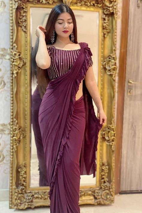 Beautiful Purple Colour Designer Saree For Party Wear for more visit https://www.joshindia.com/sarees.html Wedding Outfits For Women, Saree Wearing Styles, Ruffle Pattern, Saree Lehenga, Fancy Sarees Party Wear, Ruffle Saree, Crepe Saree, Half Saree Designs, Saree Designs Party Wear