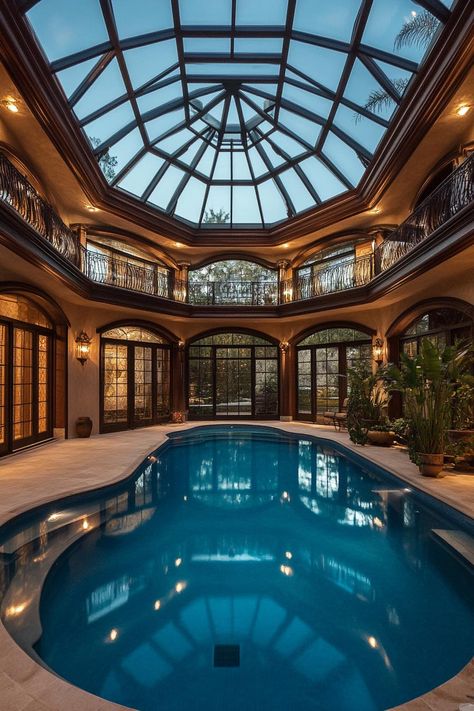 Luxury modern house indoor atrium pool with glass dome ceiling. Indulge in the luxurious houses with a stunning pool that you’ll want to dive into right now! Interior Pool Design, Dream Pools Luxury Indoor, Dome Ceiling Design, Home Indoor Pool, Atrium Pool, Pool House Layout, Indoor Pool Ideas, Indoor Atrium, Glass Dome Ceiling