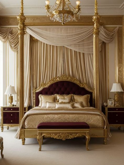 Velvet Canopy Bed, Golden Bed, Small Bedroom Ideas For Couples, Mirrored Vanity, Bedroom Aesthetics, Luxury Room Bedroom, Crystal Chandeliers, King Bedroom, Couple Bedroom